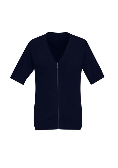 Navy Women's Zip Front Short Sleeve Cardigan in size L, stylish and versatile for casual and professional wear.