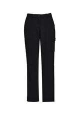 Women’s black cargo pants, size 4, featuring multiple pockets, roll-up legs, and a comfort waistband for versatility and ease.