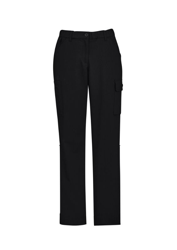 Women's black cargo pants in size 30, featuring multiple pockets, roll-up legs, and a comfort waistband for practicality and breathability.