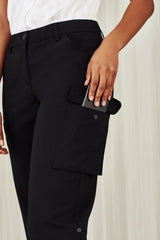 Black women's cargo pants in size 22 featuring breathable twill fabric, multiple pockets, and a comfort waistband.