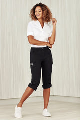 Women's black cargo pants in size 4 by Biz Collection, featuring multiple pockets and a comfortable, flexible waistband.