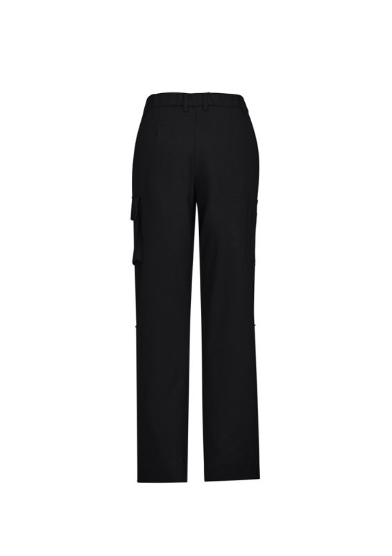 Women's black cargo pants in size 4 with multiple pockets, roll-up legs, and comfort waistband by Biz Collection.