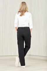 Women's charcoal cargo pants, size 12, featuring breathable twill fabric, multiple pockets, and a roll-up leg design.