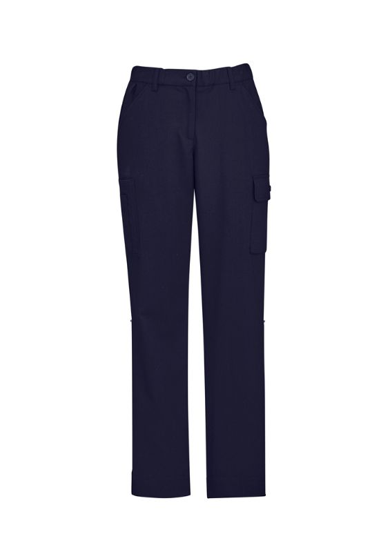 Navy women's cargo pants in size 4, featuring multiple pockets, roll-up legs, and a comfort waistband for easy movement.