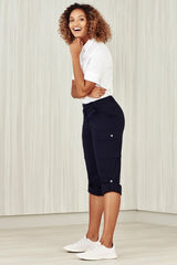 Womens Navy Cargo Pant in size 12 with multiple pockets and a comfort waistband, ideal for versatile settings and easy care.