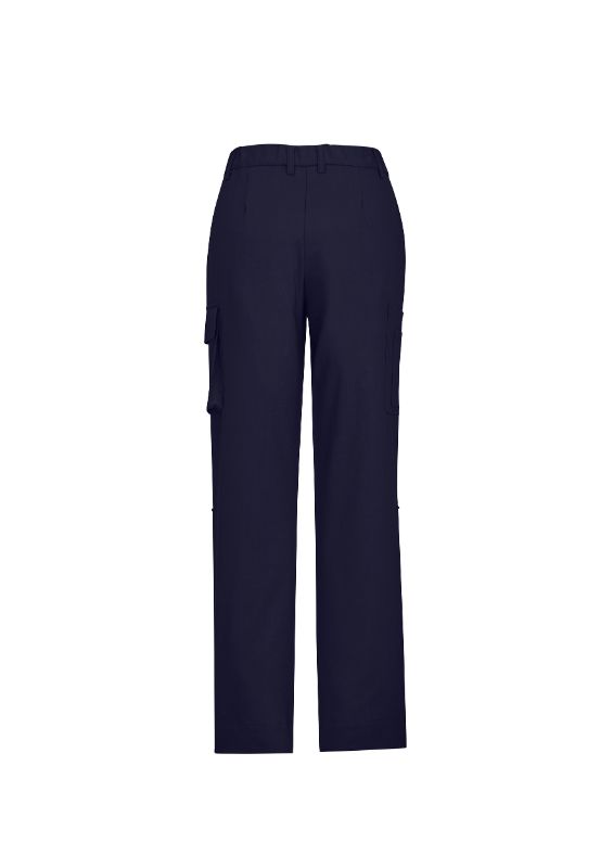 Women's navy cargo pants in Size 4 with multiple pockets, roll-up legs, and a comfort waistband for flexible wear.