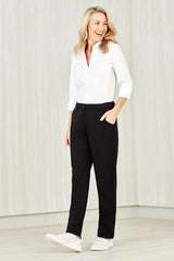 Women's black straight leg pants size 10 by Biz Collection, featuring pockets, key loop, and comfort waistband for versatile style.