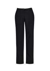 Women's straight leg pants in black (Size 8), featuring lightweight twill fabric, side pockets, and a comfort waistband.