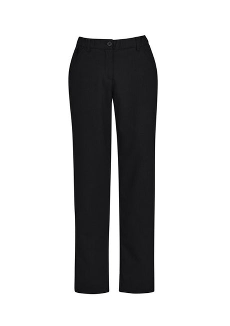 Women's straight leg pants in black (Size 8), featuring lightweight twill fabric, side pockets, and a comfort waistband.