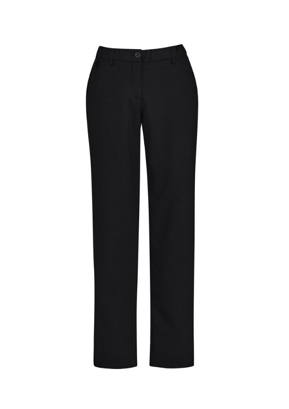 Women's straight leg pants in black size 26, featuring lightweight twill fabric, side pockets, and a comfort waistband for all-day wear.