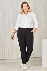 Charcoal straight leg pant for women in Size 14, featuring a comfort waistband and practical side pockets, ideal for professional wear.