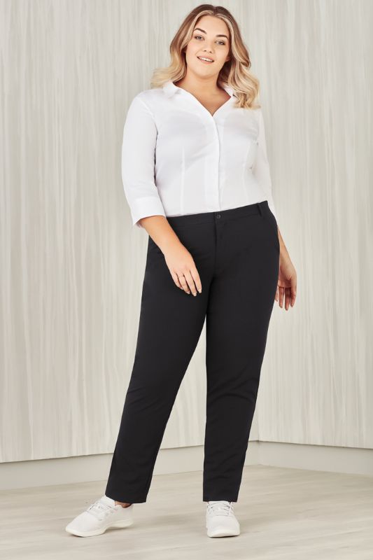 Women's charcoal straight leg pants in size 24, featuring a comfort waistband, side pockets, and durable twill fabric.