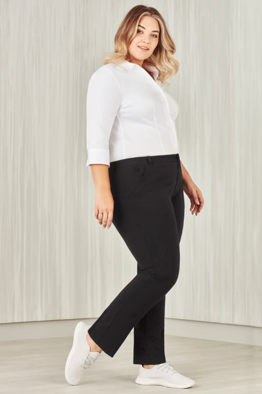 Women's charcoal straight leg pants in Size 14, featuring a comfort waistband and practical side pockets for everyday versatility.