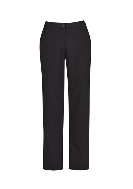 Women's charcoal straight leg pants, size 14, featuring a comfort waistband, pockets, and breathable, durable fabric.