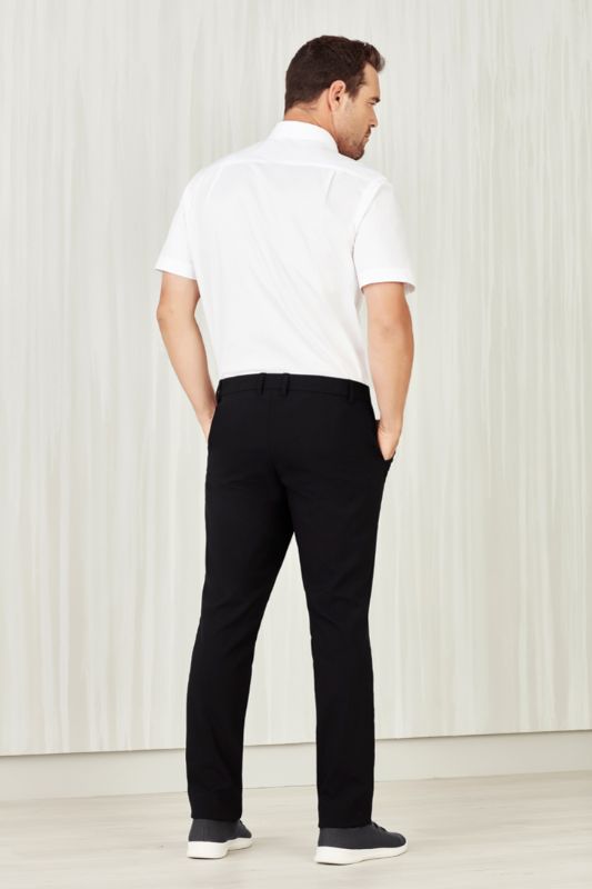 Men's black straight leg pants size 72, featuring a comfort waistband, pockets, and durable lightweight twill fabric.