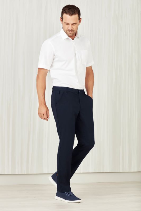 Navy straight leg men's pants (Size 72) from Biz Collection, featuring breathable twill fabric, pockets, and comfort waistband.