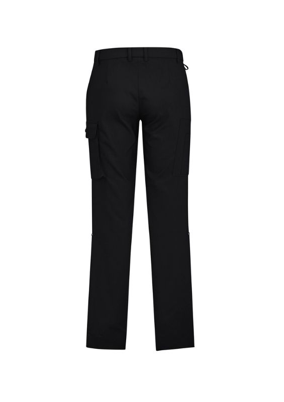 Men's black cargo pants with comfort waistband, multiple pockets, roll-up leg feature, and durable lightweight twill fabric.