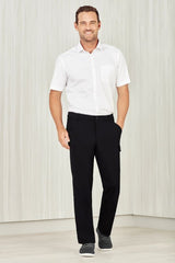 Men's black cargo pants with comfort waist, multiple pockets, and roll-up legs, ideal for healthcare and work environments.