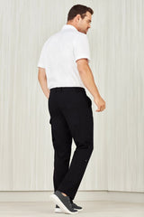 Men's black comfort waist cargo pants, size 72, featuring durable twill fabric, multiple pockets, and roll-up leg design.