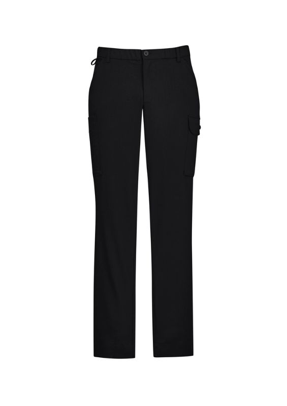 Men's black cargo pants with comfort waistband, multiple pockets, and roll-up leg feature, perfect for versatile wear and work.