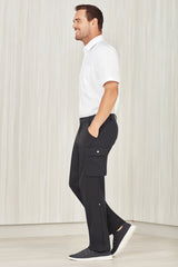 Men's charcoal cargo pants with comfort waistband, multiple pockets, and roll-up leg feature for versatility and ease.