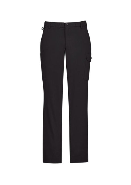 Men's charcoal cargo pants featuring a comfort waist, multiple pockets, and roll-up legs, ideal for versatile workwear.