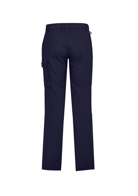 Men's navy cargo pants with comfort waist, multiple pockets, and roll-up legs, designed for durability and breathability. Size 72.