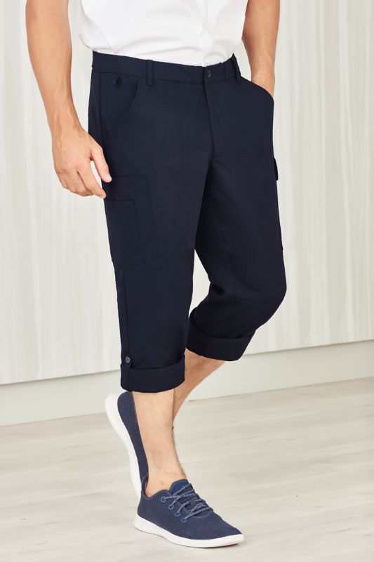 Men's navy cargo pants with a comfort waistband, multiple pockets, and roll-up legs for versatility and all-day comfort.