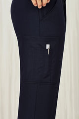 Men's navy cargo pants with comfort waistband, multiple pockets, and roll-up leg feature for ease and versatility.