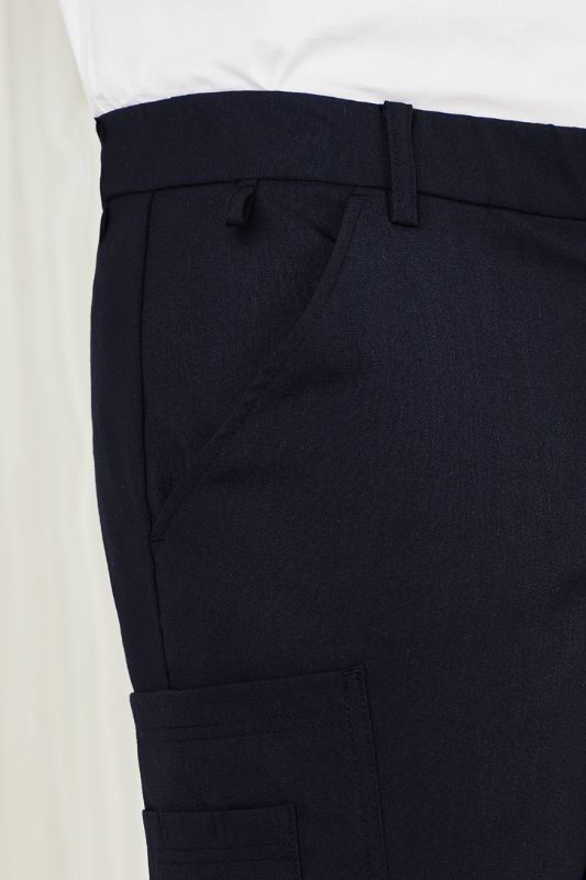 Men's navy cargo pants with comfort waistband, multiple pockets, and lightweight twill fabric for durability and breathability.