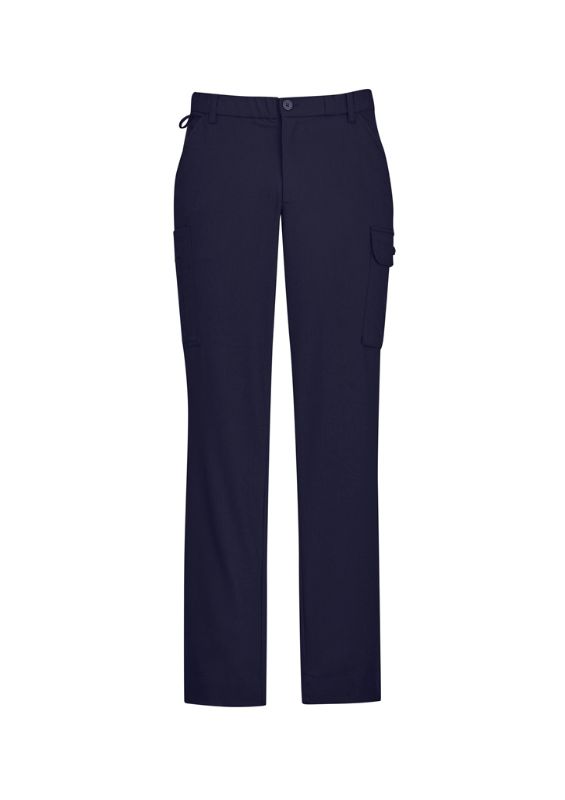 Men's navy cargo pants with comfort waistband, multiple pockets, roll-up legs, and breathable lightweight twill fabric.