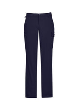 Men's navy cargo pants with comfort waistband, multiple pockets, roll-up legs, and breathable lightweight twill fabric.