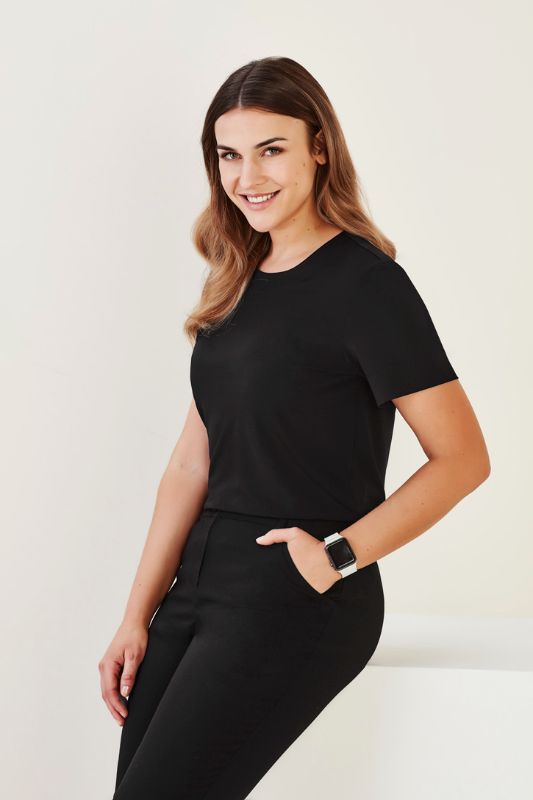 Women's black Marley Jersey S/S Top, size L, featuring soft, stretchy fabric for comfort and versatility in casual or professional settings.