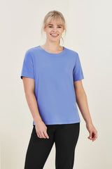 Medium Blue women's short sleeve Jersey top by Biz Collection, made from breathable stretch fabric, ideal for versatile styling.