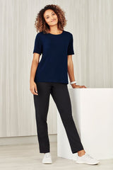 Navy women's short-sleeve jersey top by Biz Collection, offering comfort and style with a relaxed fit and soft, stretchy fabric.