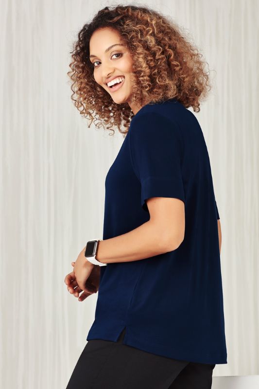 Premium women's navy short-sleeve jersey top, size M, offering comfort and style for professional settings.