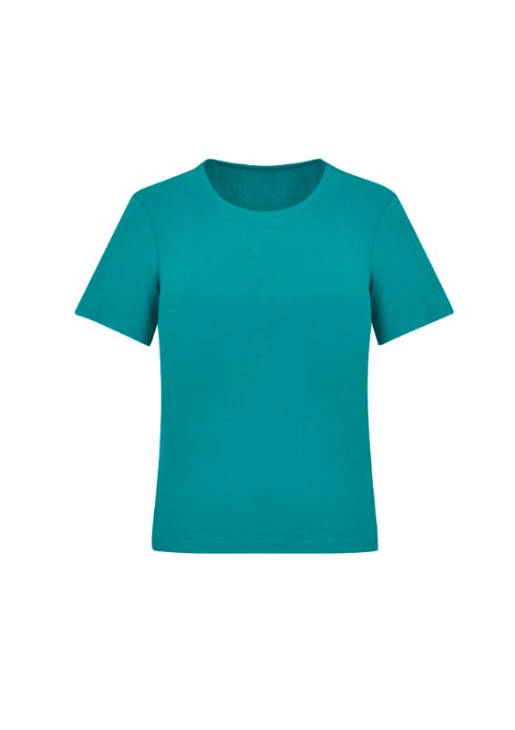 Teal women's short-sleeve jersey top from Biz Collection, size small, offers comfort and style for casual and professional wear.