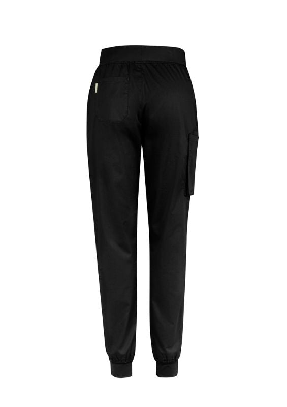 Women's black slim leg jogger scrub pants in size XXS featuring breathable fabric, antibacterial panels, and a drawstring waistband.