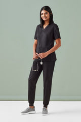 Stylish black slim leg jogger scrub pants for women, featuring breathable fabric and antibacterial side panels, size XXS.