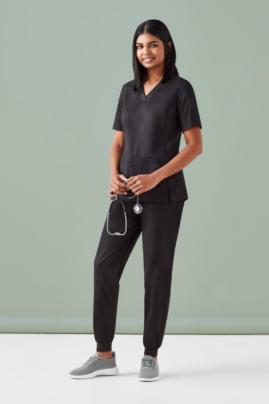 Womens Riley Slim Leg Jogger Scrub Pant in Black, 2XL, featuring elasticized waistband, antibacterial side panels, and stylish cuffs.