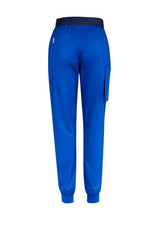 Electric Blue slim leg jogger scrub pants for women, featuring breathable fabric and antibacterial side panels for comfort.