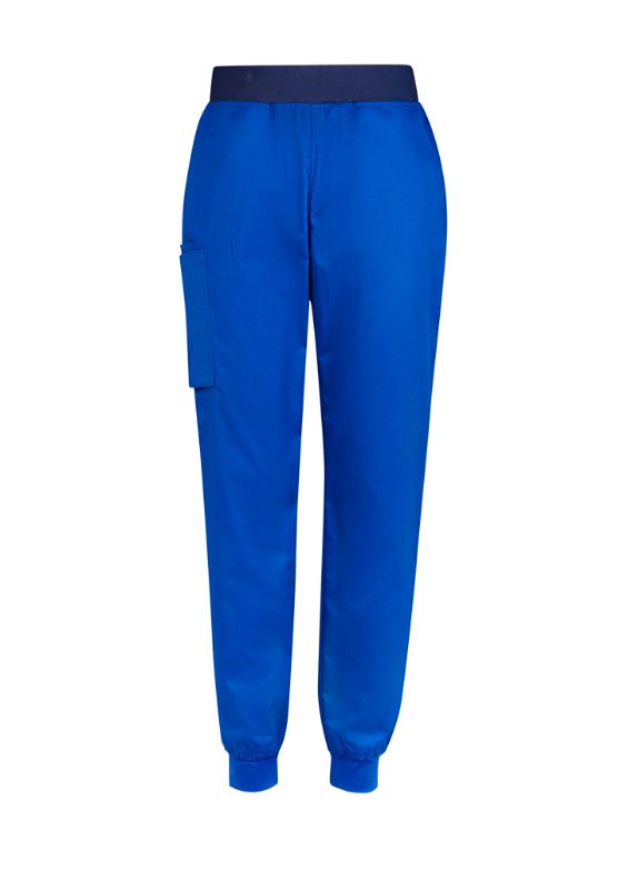 Women's Electric Blue slim leg jogger scrub pant, XXS, features breathable cotton blend, antibacterial panels, and navy drawstring waistband.