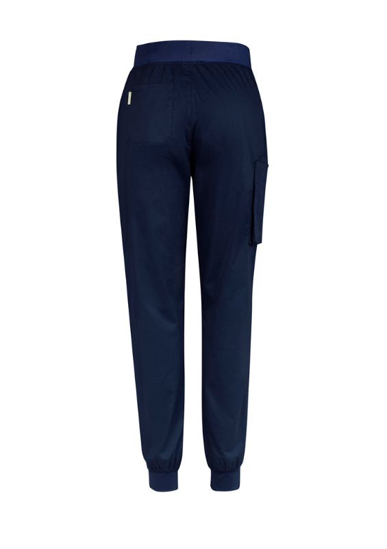 Navy slim leg jogger scrub pants for women, featuring antibacterial stretch panels and a comfortable drawstring waistband in size XXS.