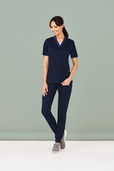 Navy jogger scrub pants for women, size XXS, featuring soft cotton-rich fabric and antibacterial stretch side panels for comfort.