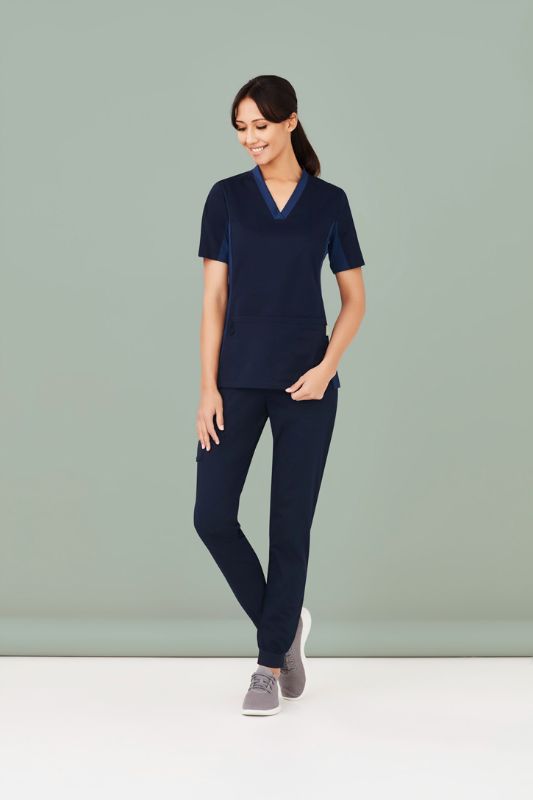 Women's Navy Riley Slim Leg Jogger Scrub Pants by Biz Collection, featuring breathable fabric and antibacterial stretch side panels.