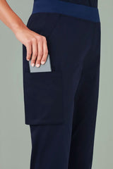 Navy jogger scrub pants for women in size XXS, featuring antibacterial stretch sides and secure knit waistband.