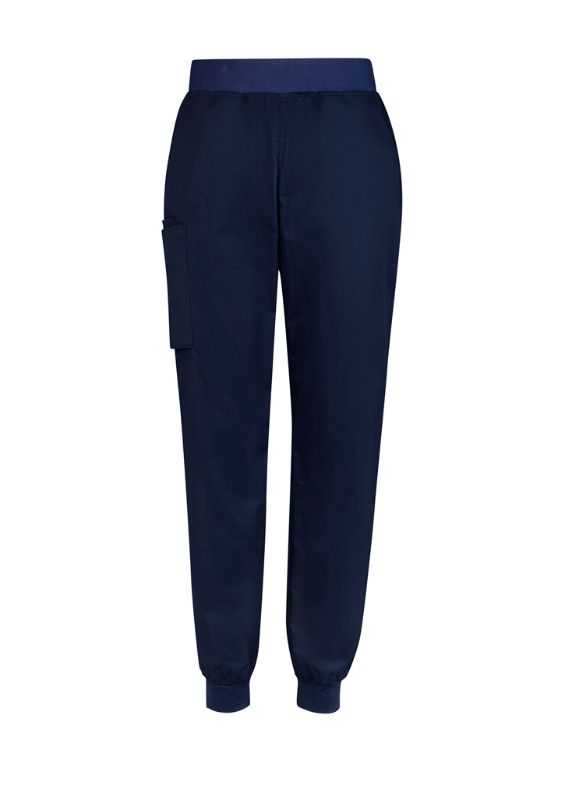 Navy slim leg jogger scrub pants for women, featuring antibacterial stretch panels and a comfortable drawstring waistband.