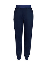 Navy slim leg jogger scrub pants for women, featuring antibacterial stretch panels and a comfortable drawstring waistband.