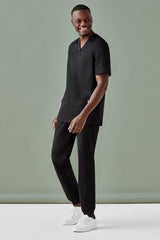 Men's black jogger scrub pants with slim fit, navy waistband, and antibacterial fabric for healthcare professionals.