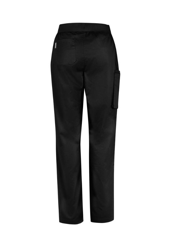 Women's Riley Straight Leg Scrub Pant in sleek black, Size XXS, featuring breathable fabric and adjustable navy waistband.